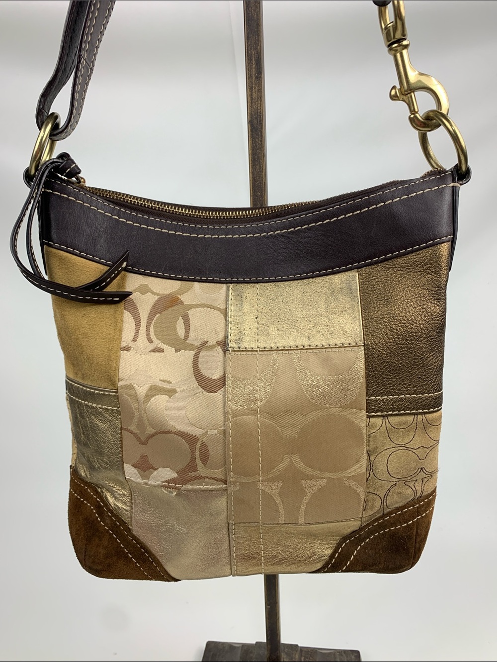 Vintage Coach leather Suede Patchwork Shoulder Bag Brown tan Gold hardware